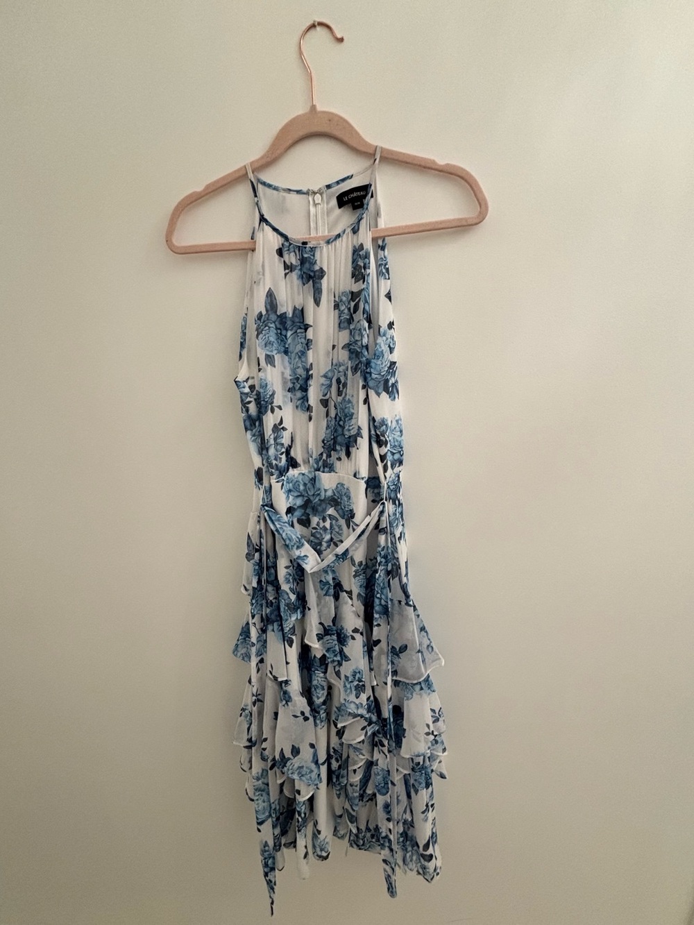 le chateau White and Blue Floral High-Low Halter Dress